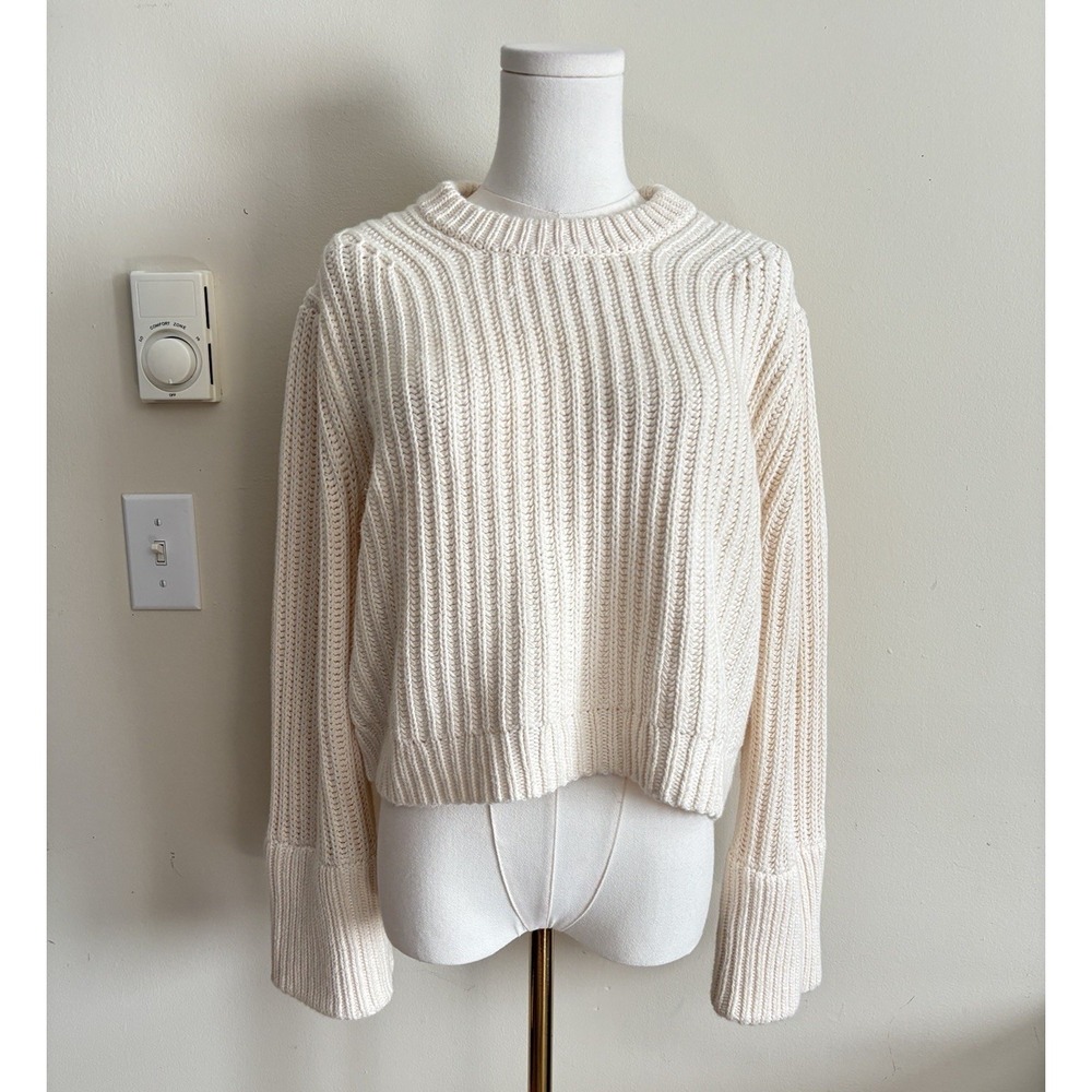J Crew Heritage Cotton Fisherman Crewneck Sweater Womens Medium White Cream Chic